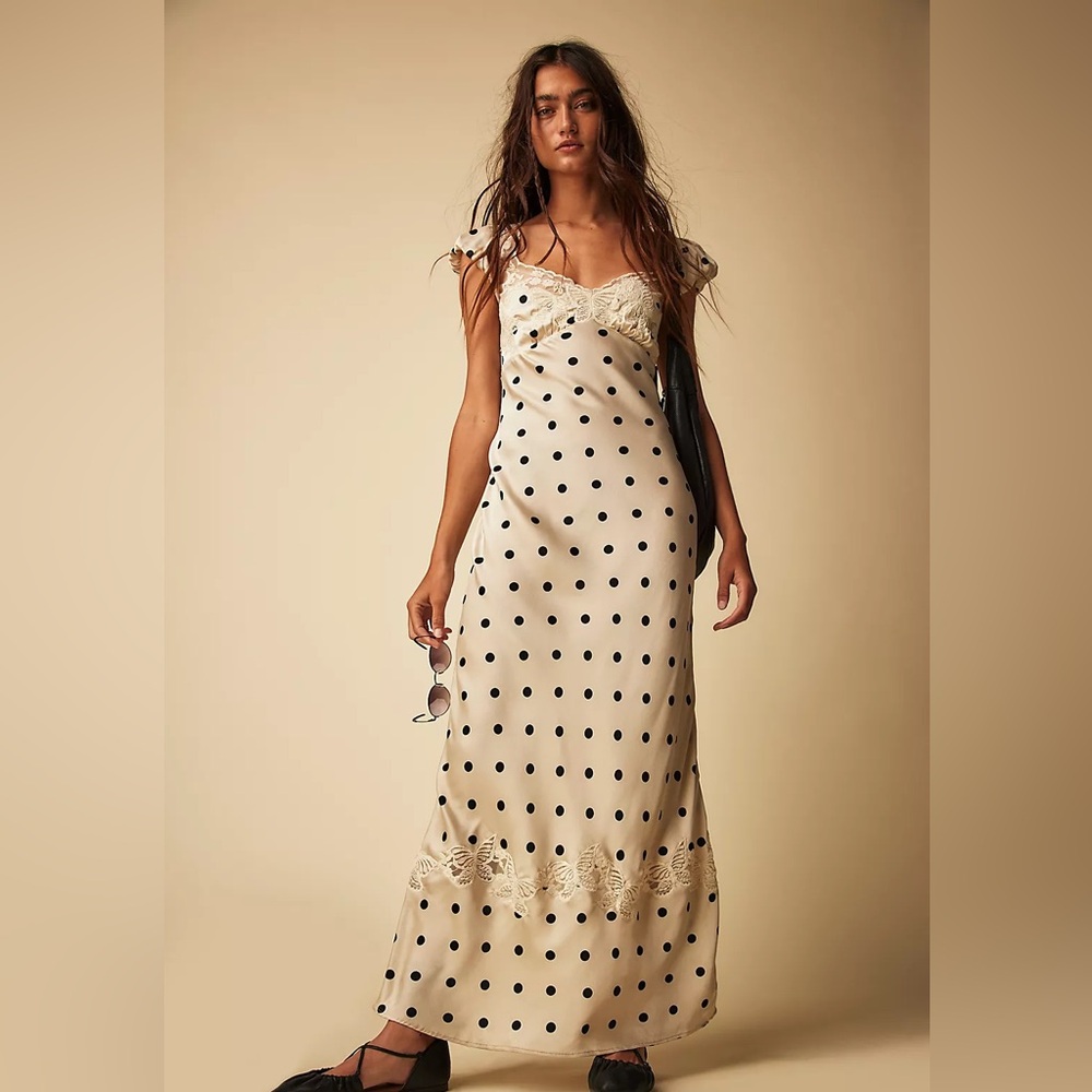 Butterfly Babe Maxi Dress Free People Polka Dot Cream and White Lace Dress